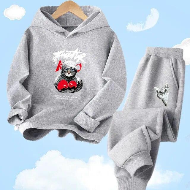 Толстовка с капюшоном + брюки для мальчиков, повседневный спортивный осенне-зимний комплект, детский комплект одежды с принтом кота и мультяшным животным
