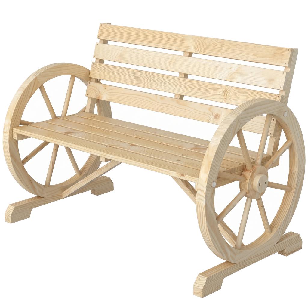 Garden Bench, 3-Seater Wooden, Armrests, Wheels, Cart-Style, Fir Wood, Natural Wood Effect