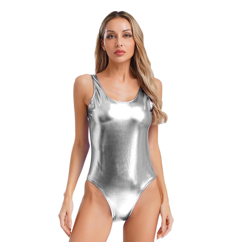 Women Sleeveless Shiny Metallic Bodysuit for Dance Yoga Gymnastics Stage Performance Rave Costume