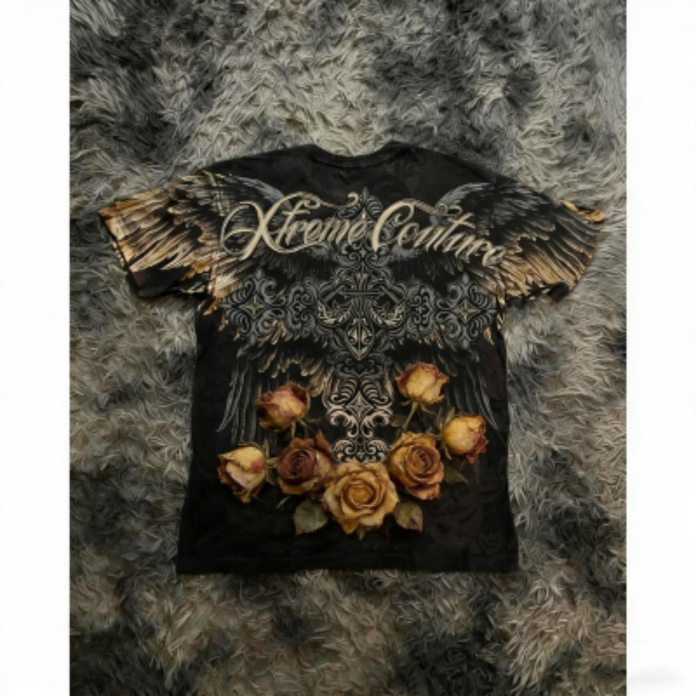 Summer Men's T-shirt Gothic Rose Cross Wing Print Tees Round Neck T-shirt Outdoor Street Style Top Casual Women's Clothing