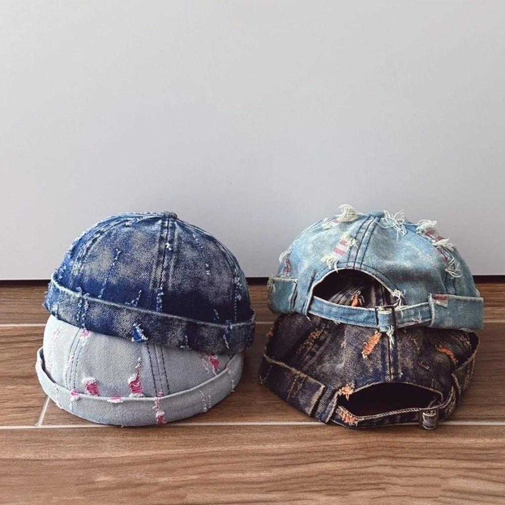 Cotton Polyester Blend Brimless Beanie Frayed Edges Distressed Denim Hat Brimless Cap Men Women