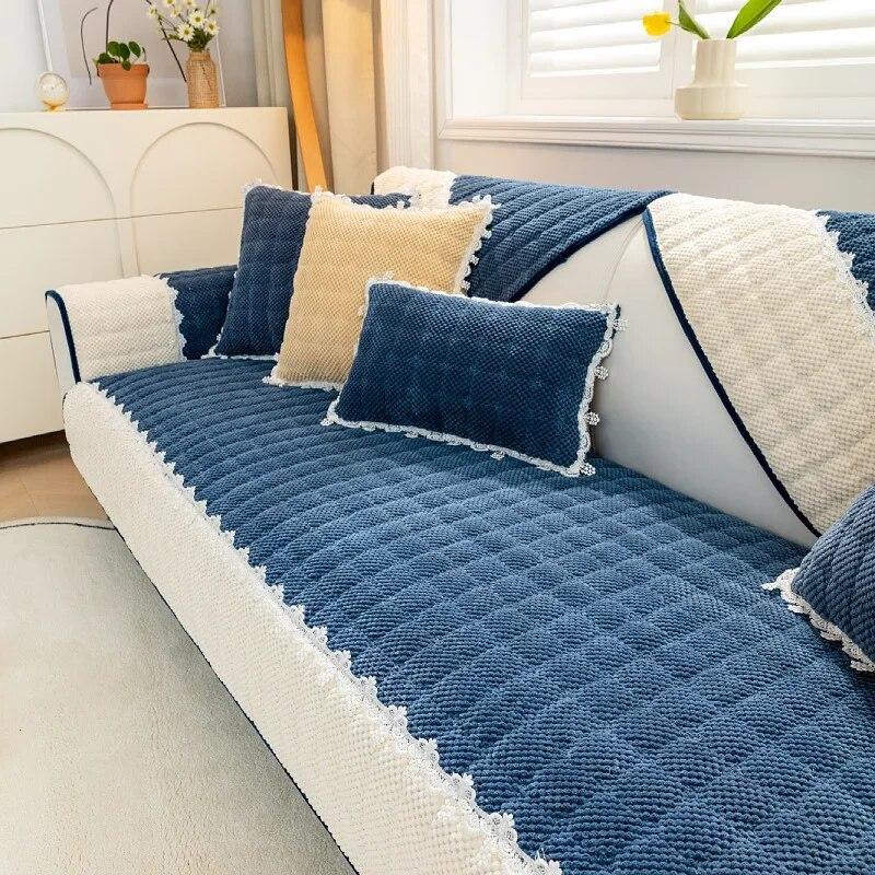 Winter Thicken Plush Sofa Cover White Wide Edge Chaise Lounge Sofa Towel Mat Modern Non-Slip Couch Cover Cushions Living Room