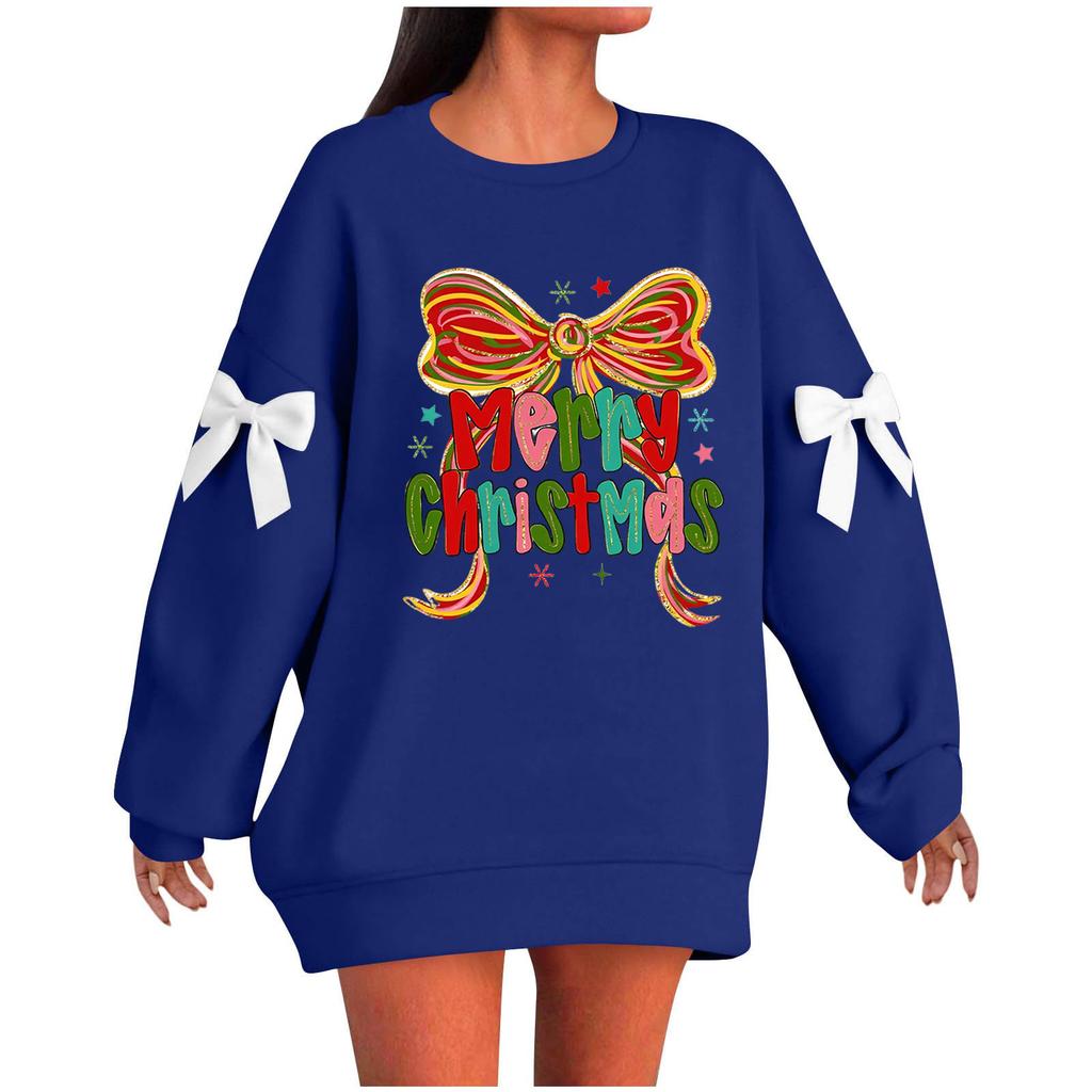 Ladies' Christmas Printed Bow Round Neck Long Sleeved Loose Pullover Sweater Sweatshirt Top