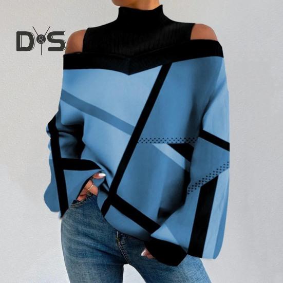 Женские осенне-зимние топы с контрастным цветным принтом, свободная футболка с воротником и открытыми плечами, фонариком и длинными рукавами