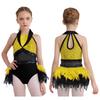Girls Dance Costume Turn-Down Collar Sleeveless Sheer Mesh Keyhole Back Shiny Sequins Feather