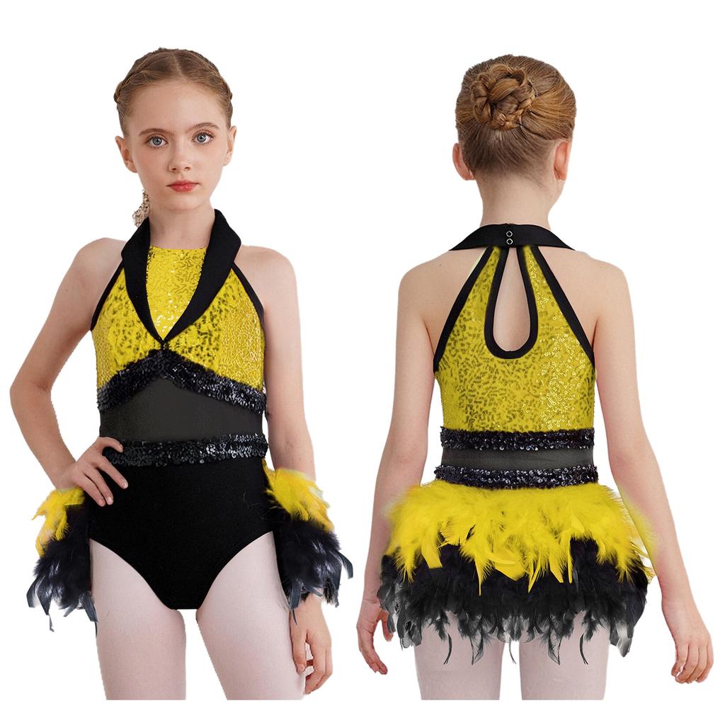 Girls Dance Costume Turn-Down Collar Sleeveless Sheer Mesh Keyhole Back Shiny Sequins Feather
