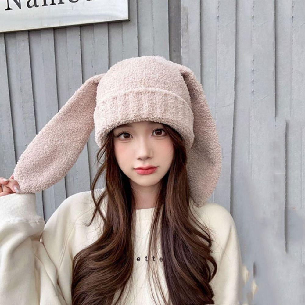 Y2K Rabbit Ear Hats Knitted Plush Skull Cap All-match Women Beanie Hat Ladies
