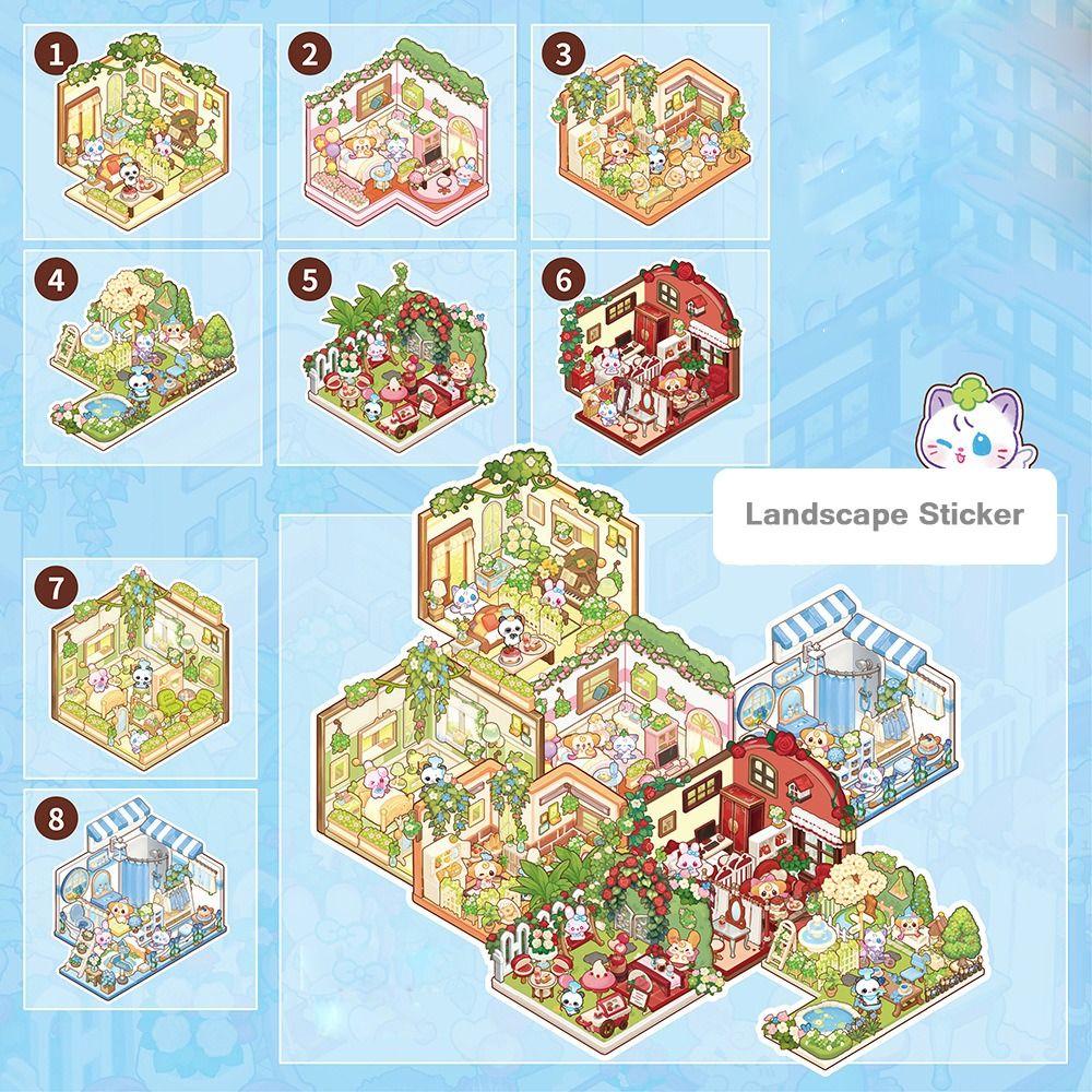 Creative Cartoon Mini 3D Landscape Sticker Book PET DIY Sticker Cabin Scene Miniature House Cabin Scene Pocket Sticker for Kids