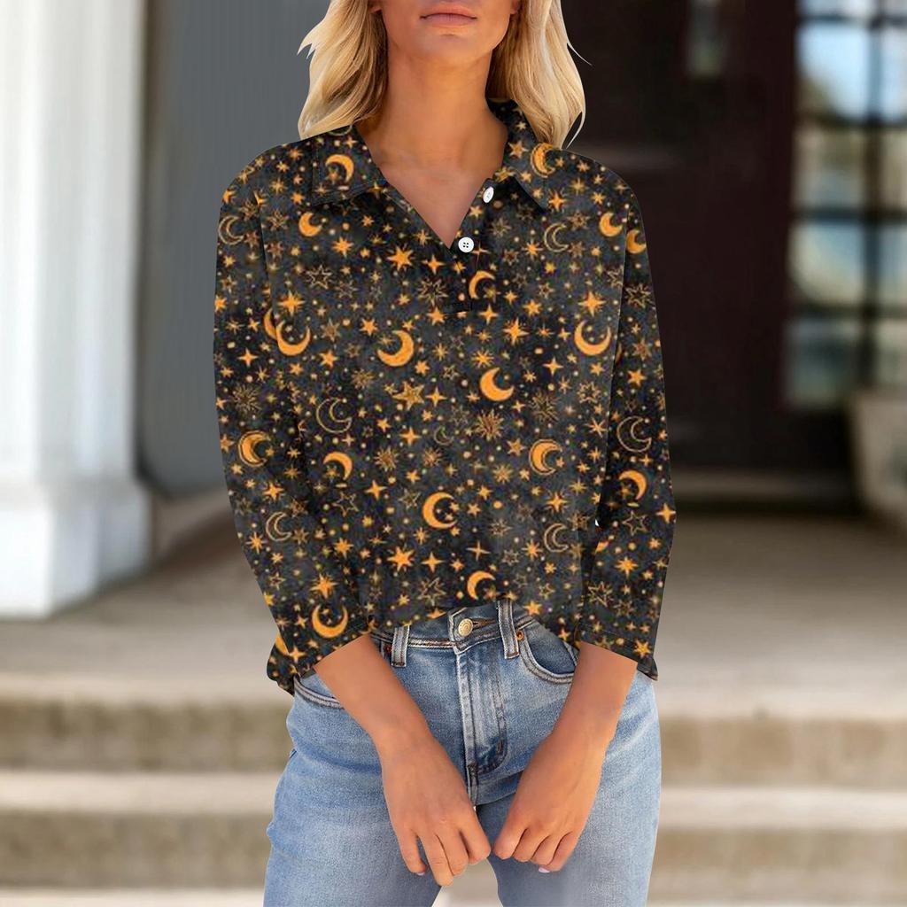 Women's Seven Quarter Sleeved T-shirt V-neck Button Up Shirt With Printed Loose Top For Halloween