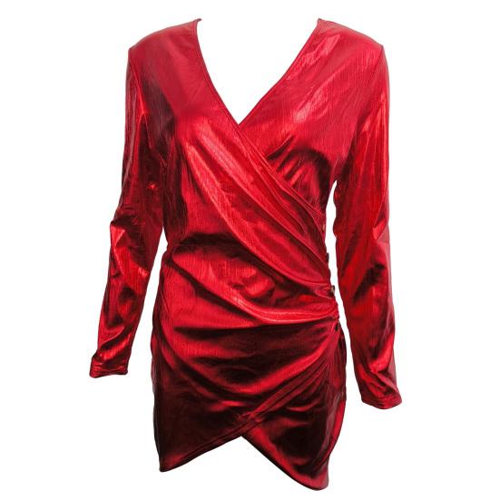 Вечеринка для выпускного вечера с низким вырезом, глубоким V-образным вырезом, плиссированной шеей, обтягивающим высоким женским платьем, глянцевое платье с длинными рукавами и нерегулярным подолом, длиной выше колена, женское