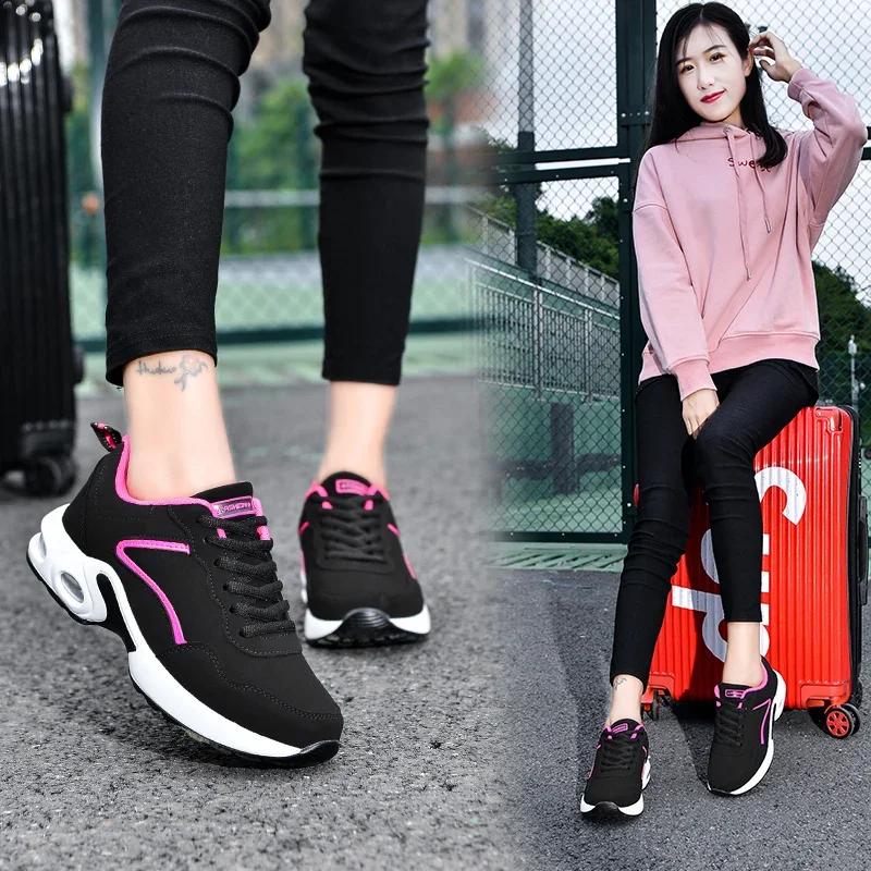 Модные замшевые кроссовки для женщин, размер 42, танкетка, платформа, черные, женские, на воздушной подушке, для бега по шоссе, легкие, дышащие, повседневные, спортивные