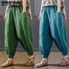 Женские хлопково-льняные брюки-фонарики на лето, художественные и повседневные, свободные, с завязками на щиколотках, гаремные