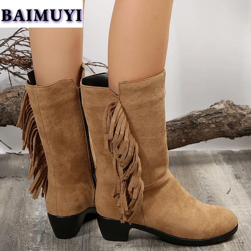 Fringe Women Snow High Boots High Heels Shoes 2025 Trend Suede Chunky Zipper Mid-calf Chelsea Boots Casual Pumps Mujer Botas
