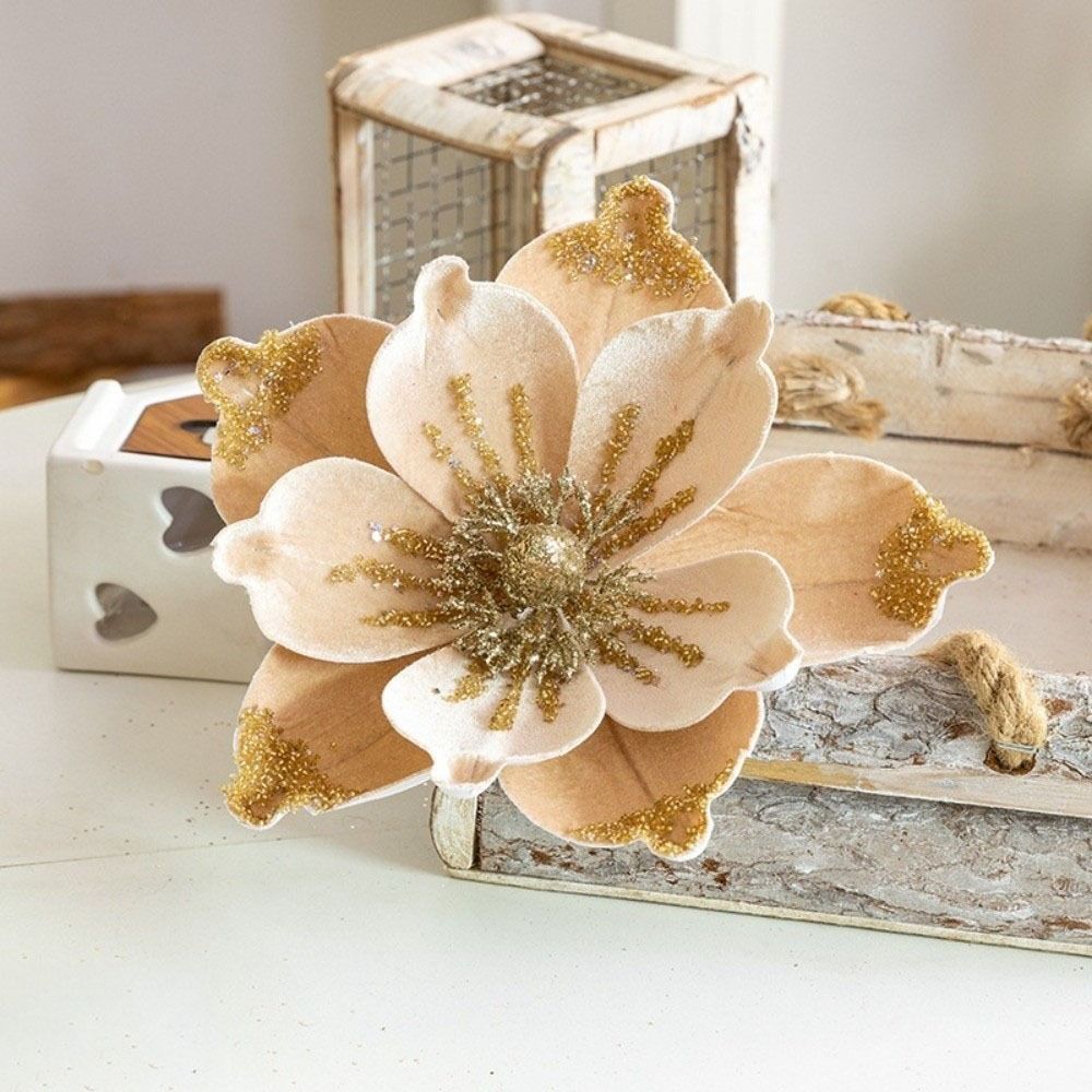 Velvet Texture Xmas Poinsettia Ornament Sparkling Faux Magnolia Flower Christmas Tree Decoration