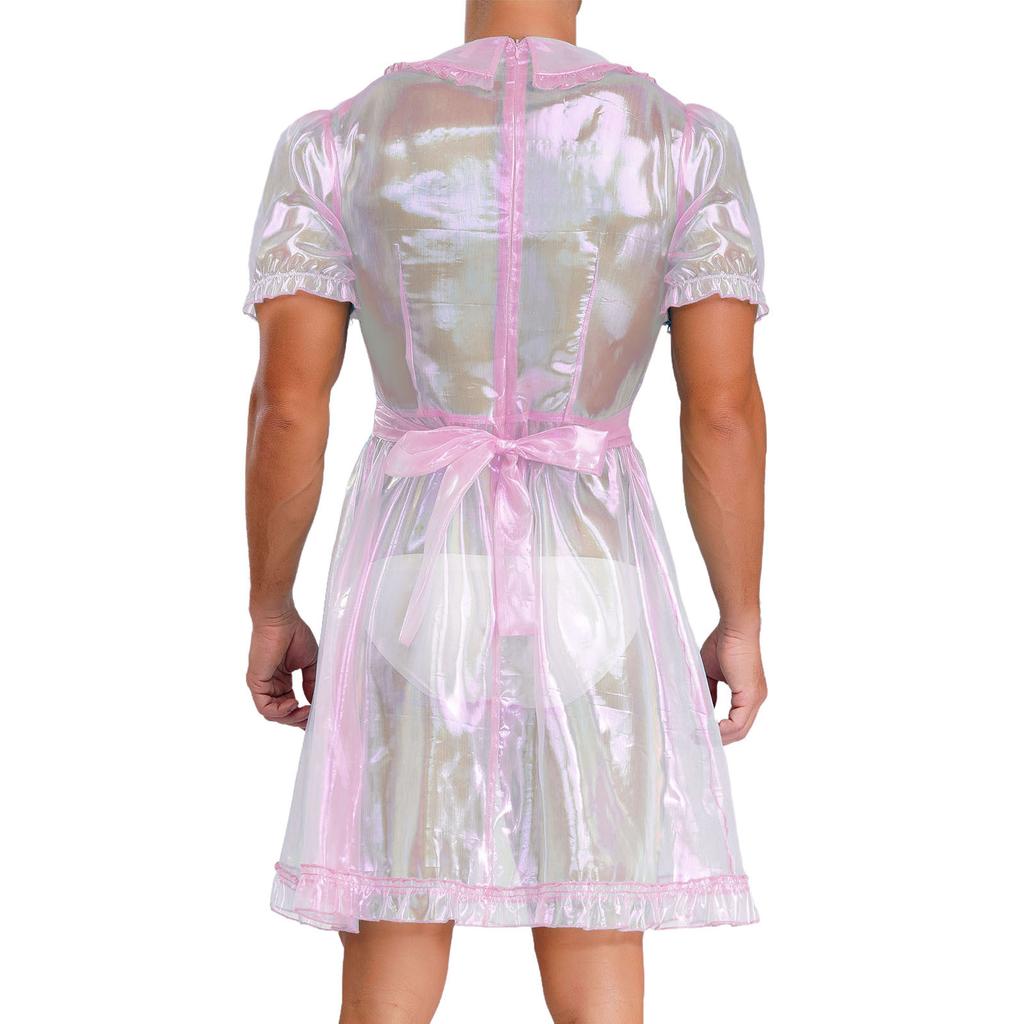 Мужское прозрачное сетчатое платье горничной, милый воротник, рукава-буфы, расклешенное А-силуэта, костюм для кроссдрессинга, клубная ночная одежда