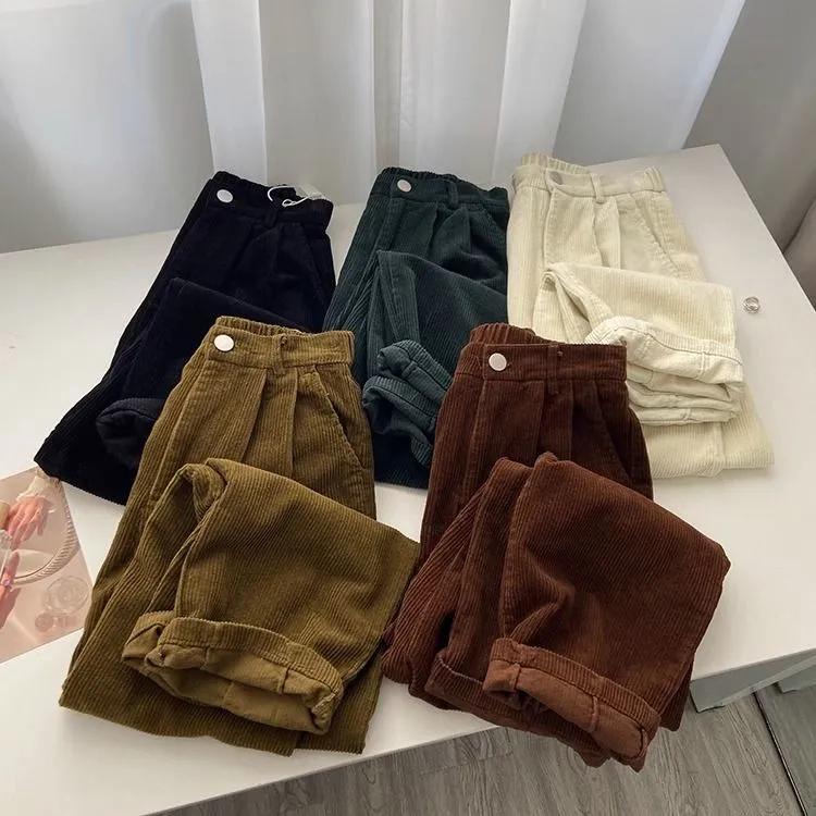 Retro High Waist Corduroy Pants Women Spring Fall Straight Casual Full Length Trousers Korean Fashion Baggy All Match Black Pant Plus Size