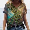 Summer V Neck Women Peacock Feather Graphic Fashion Short Sleeve Harajuku Y2k Top Oversized Casual