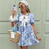 2026 Ретро Цветочный Принт Платье с Высокой Талией и Коротким Рукавом Женское Универсальное Свободного Кроя Трансграничный Новый Стиль Элегантное Художественное Платье
