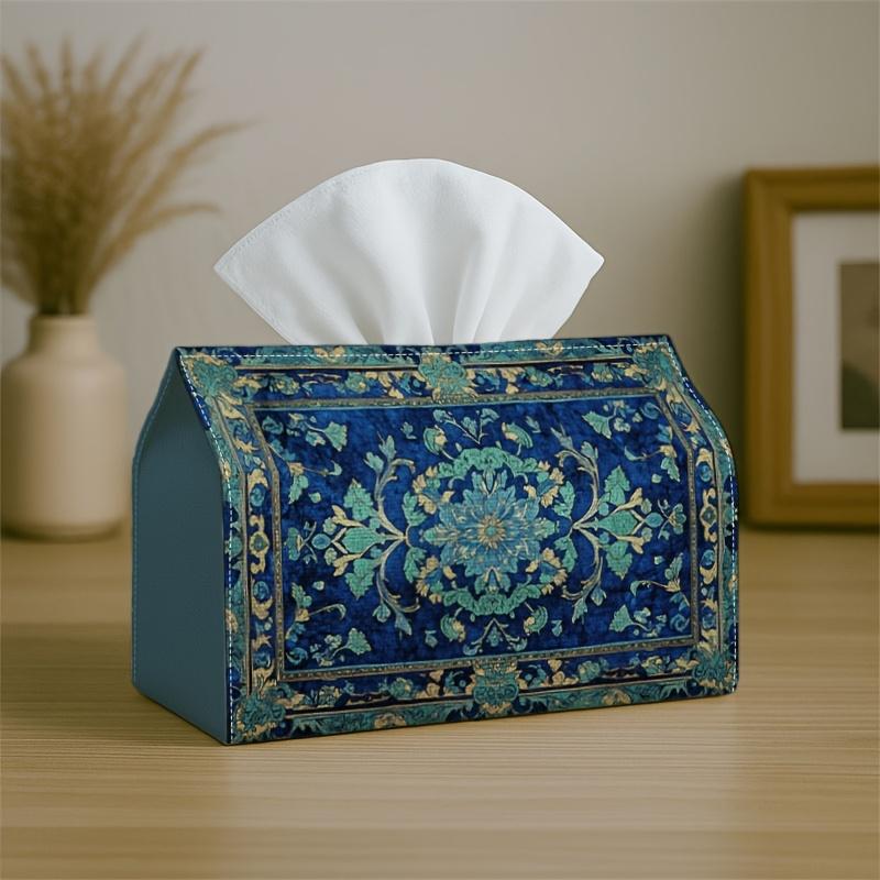 1pc Tissue Box Holder with Vintage Mosaic Ornamental Design-Blue Mandala Pattern Golden,Durable Polyester,Ideal for Kitchen,Living Room,Bedroom,Bathro