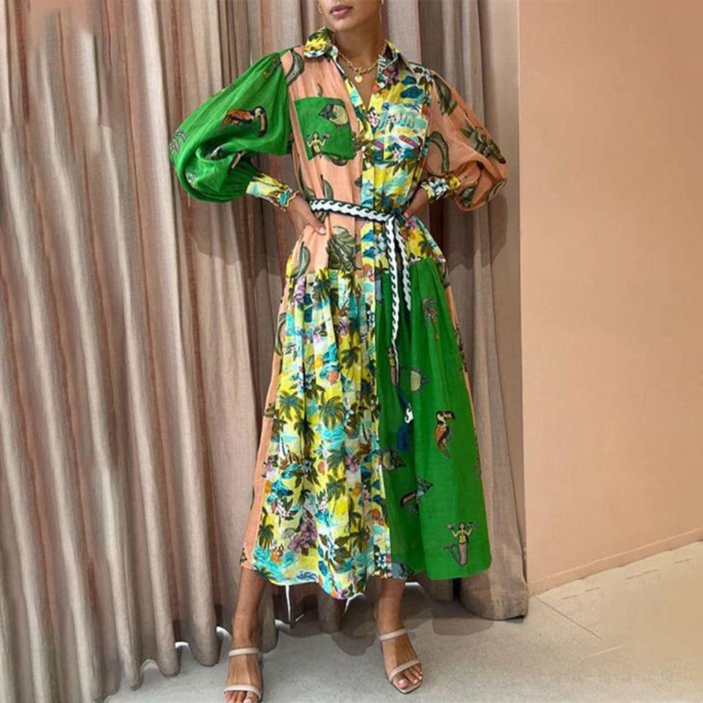 Женские весенние и повседневные модные платья с V-образным вырезом и длинным рукавом с принтом на пуговицах