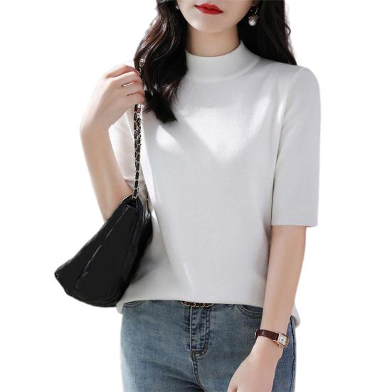 Women Sweater Half High Collar Half Sleeve Knitting Tops Solid Color Slim Fit Sweater Tops Commuting Street Wear