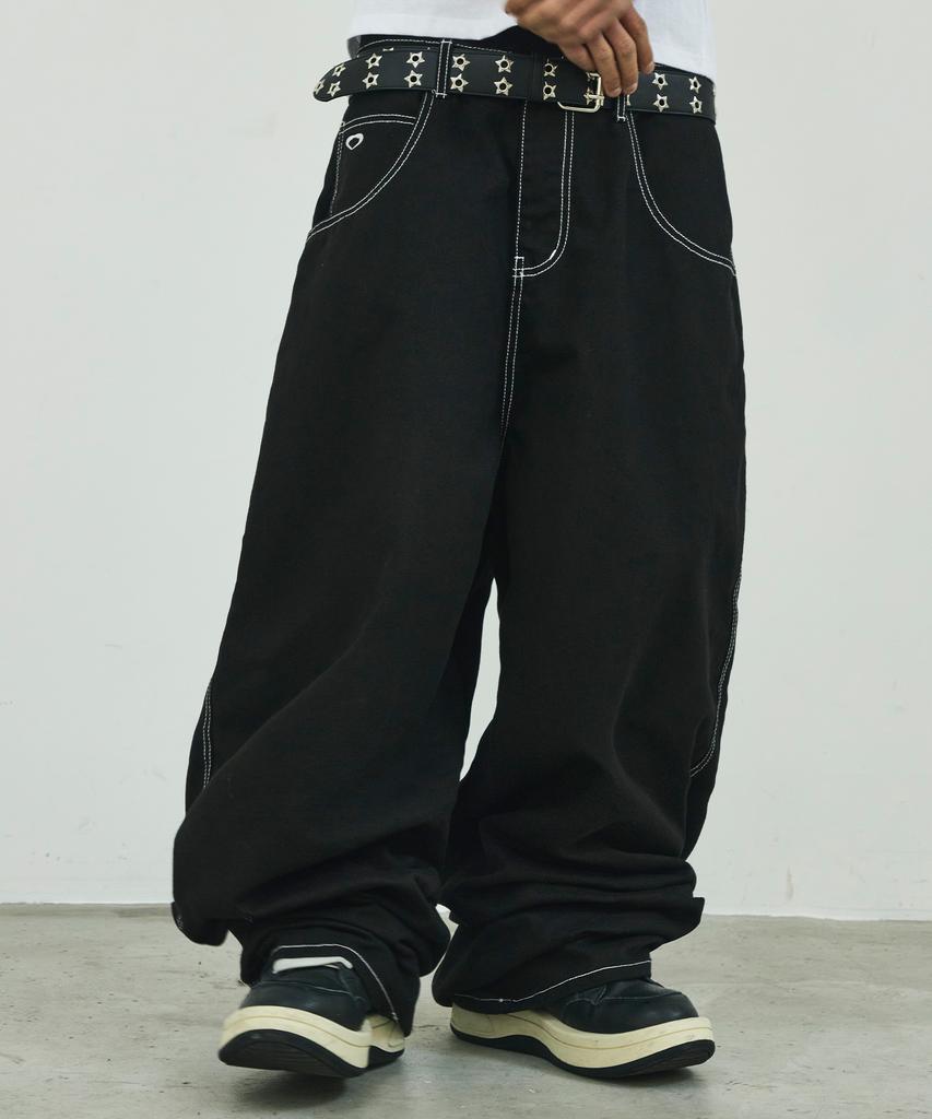SCALLYWAG Stitch Wide Sagging Cotton Pants [Black]