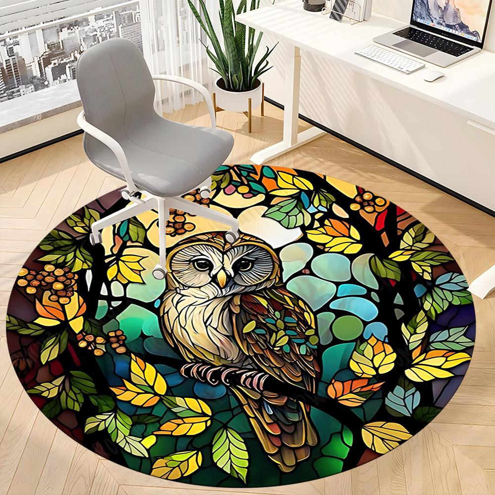 1pc Stained Glass Owl Office Round Area Rug, Under Office Chairs Bedroom Living Room Home Decor, Room Deco