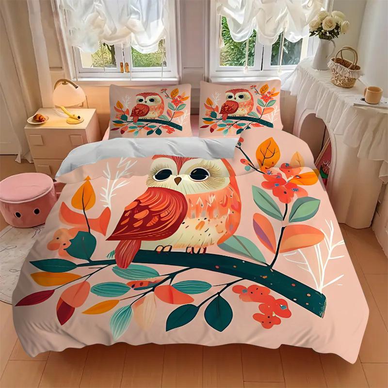 3pcs Cuddly Owl Design Bedding Set, Including 1 Quilt Cover and 2 Pillow Shams, Without Filling, Soft and Comfortable Home Bedroom Fabric, F