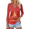 Women's Casual Fashion Sexy Comfortable Christmas Print V-Neck Button Three-quarter Sleeve Top