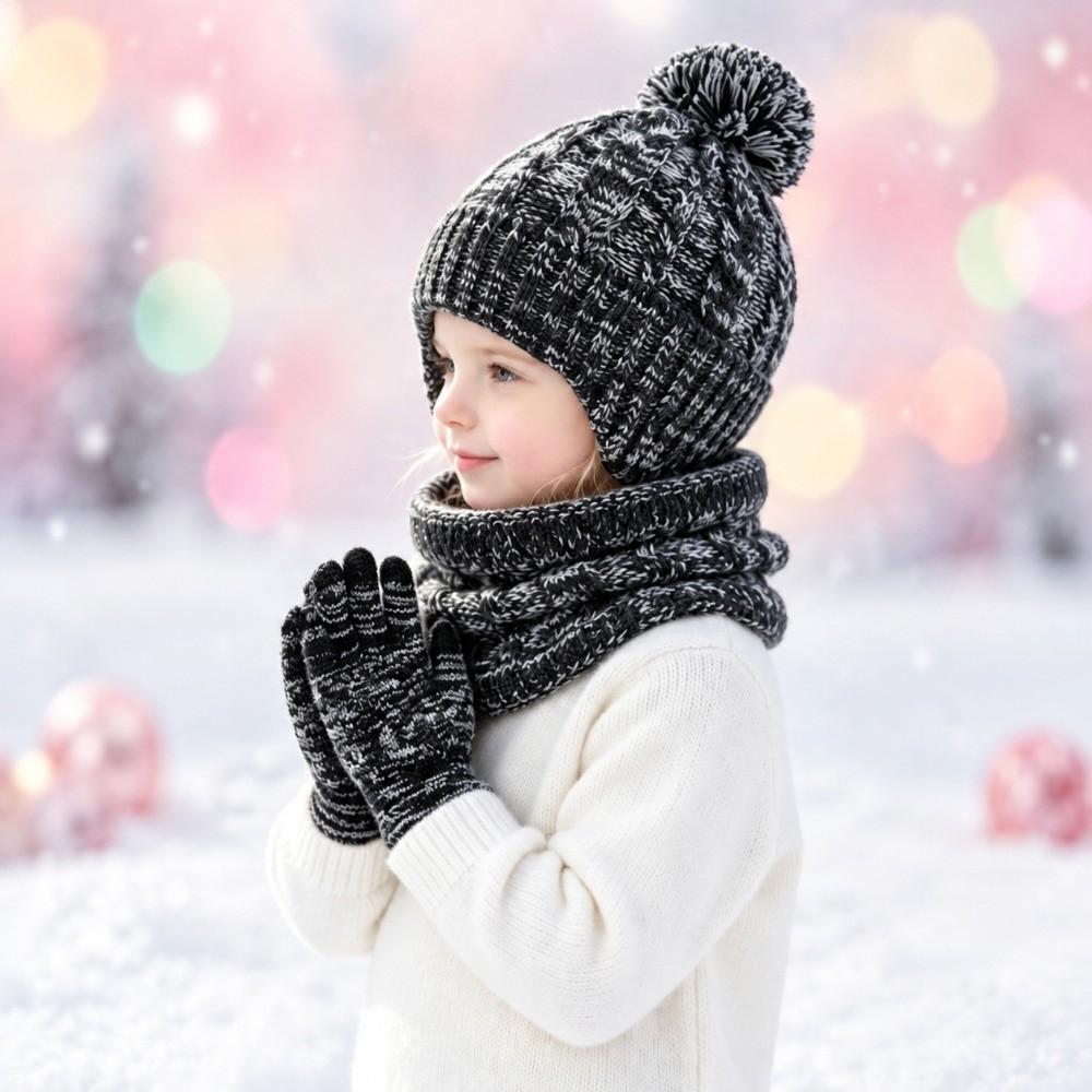 Colorful Kids Hat Scarf Gloves Set Thickened Gloves Warm Pullover Hat Winter