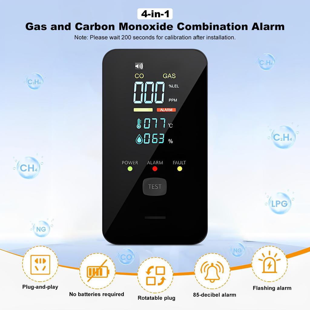 4-in-1 Portable Carbon Monoxide Alarm with Digital Display Plug-in Air Quality Monitor Real-Time CO Monitor for Home Kitchen RV