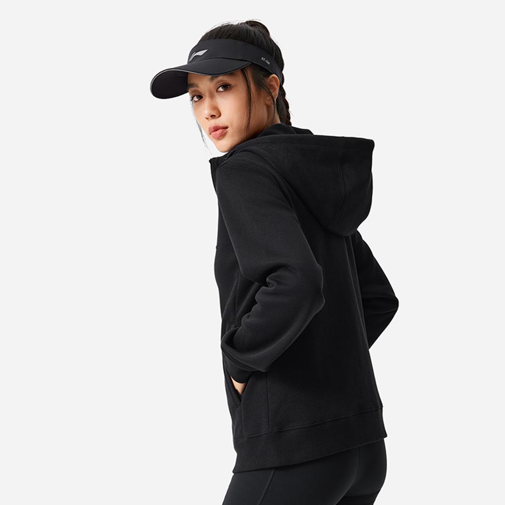 Li Ning Fitness Series с капюшоном на молнии, однотонный флисовый теплый свитшот с длинным рукавом, женский свитшот, черный AWDU632-6