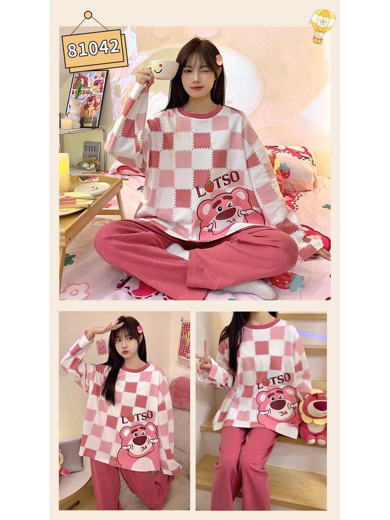 Женский пижамный комплект с длинным рукавом - Милый мультяшный принт, Большой размер, для весны и осени, для дома/улицы