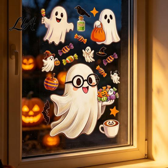 Cute Witch Bat Decals Halloween Static Window Clings, Glass Stickers with Ghost Cat Spooky Theme Party Supplies Patterns, Reusable Holiday for