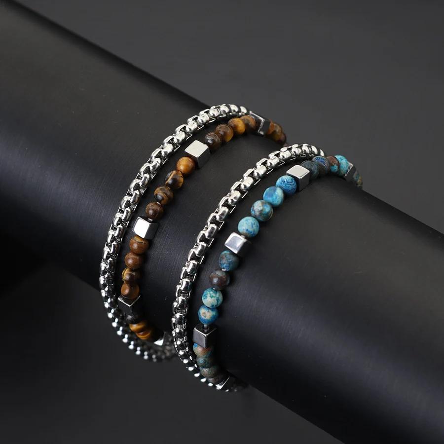 Fashion 2Pcs/Set Cuban Chain Bracelet With Stainless Steel 4mm Tiger Eyes Malachite Stone Strand Braslet Hiphop Rock Accessories
