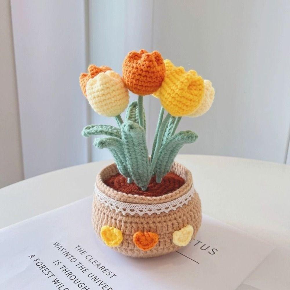 Handmade Woolen Yarn Flowers Crochet Knitting Kit No Finish Tulip Potted Flower Desktop Ornament