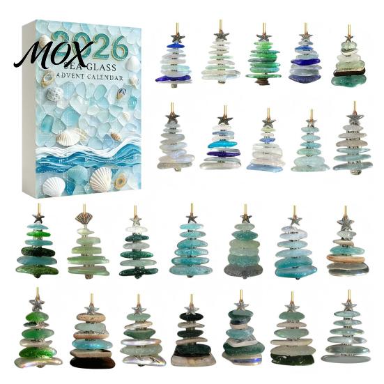 Coastal Theme Christmas Ornaments 2026 Sea Glass Style Countdown Calendar Blind Box, 24Pcs Acrylic Flat Pendant Set Tree Hanging Ornaments,