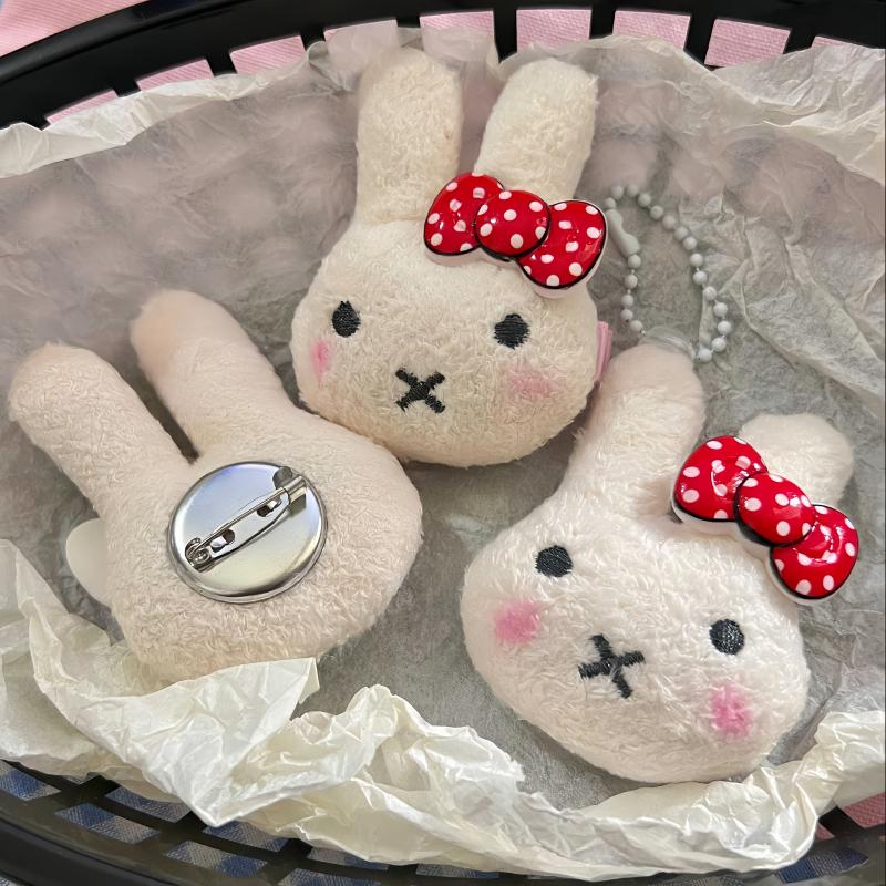 Kawaii Miffy Retro Bow Keychain Powder Blusher Cute Hairpin Brooch Cartoon Bag Key Chain Girl Gifts