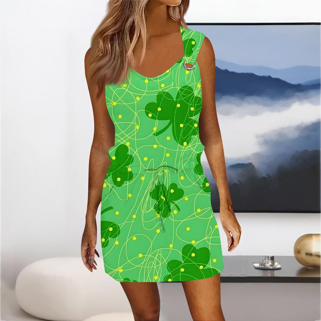 Women's Fashion Casual Printed Sleeveless Drawstring Dress With Pockets