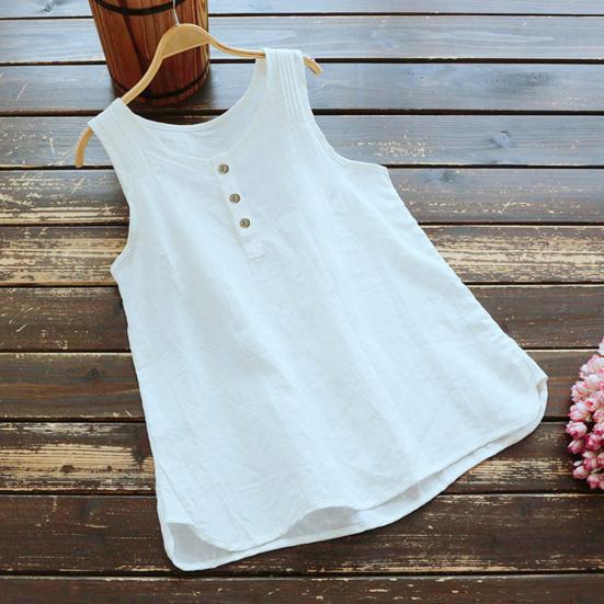 Women Vest Round Neck Sleeveless Solid Color Tank Tops Loose Fit Buttons Decor Summer Camisole Daily Wear