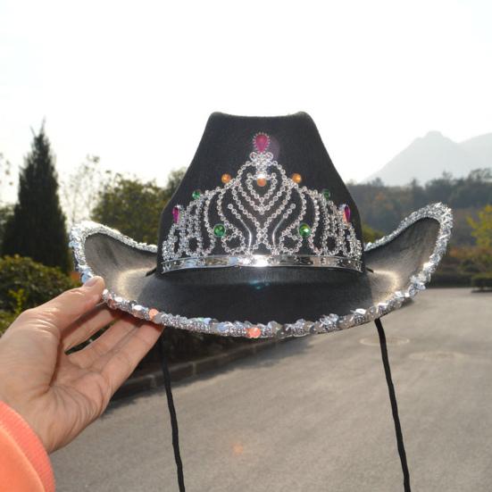 Женская ковбойская шляпа со стразами, инкрустация короной, блестящая шляпа с блестками, поля, вечерняя вечеринка в западном стиле, женские нарядные платья, фестиваль, ковбойский костюм, аксессуары