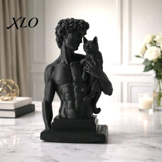 Matte Black Home Accents 3D Printed David Statue with Cat, European Classic Art Sculpture Figurine Handcrafted Gift for Office Decor, Modern