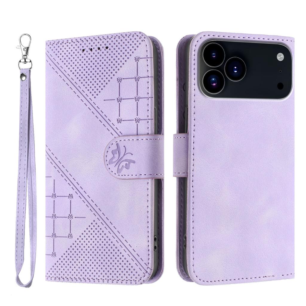For iPhone 17 Pro Leather Wallet Case Butterfly Flower Imprinted Phone Cover with Strap