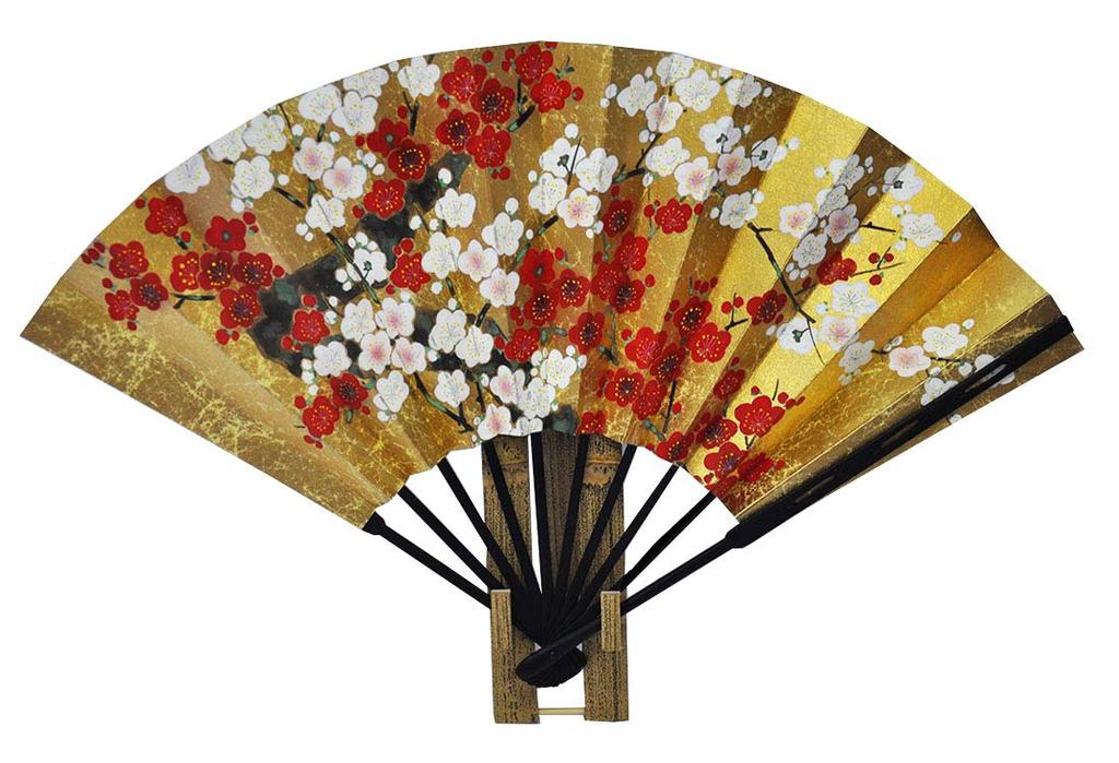 Decorative Folding Fan Imperial and White Plum with Folding Fan Boxed (Kyoto Sensu)Double-sided Carriage/red Stand,