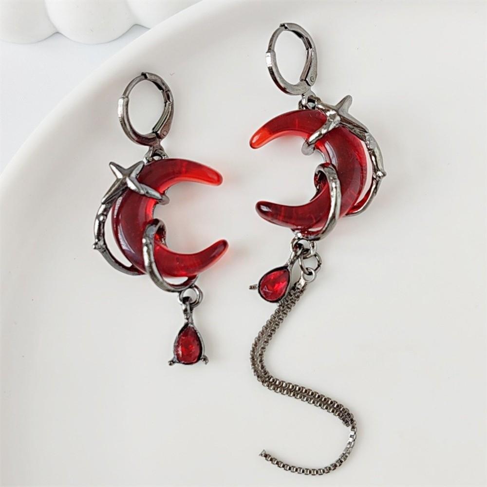 Tassel Chain Rhinestone Moon Earrings Gothic Style Women Dangle Earrings  Hip-Pop Style