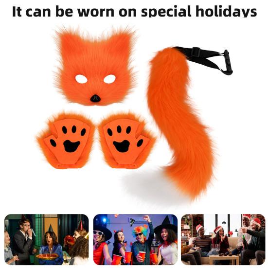 Furry Therian Costume Set for Girls Women Faux Fur Tail Plush Masque Fluffy Paw Gloves Set Fox Cat Wolf Animal Cosplay Accessories for Halloween