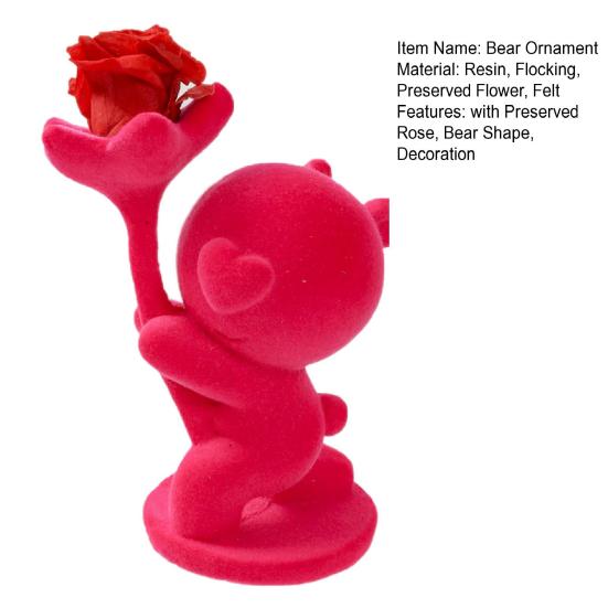 Valentines Day Bear Ornament with Preserved Rose Holding Eternal Flower Flocking Bear Decoration Wedding Anniversary Romantic Gift