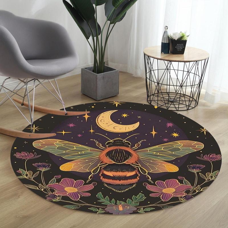 Bohemian Bee & Floral Round Rug Collection Non Slip Wear Resistant Soft Washable Living Room Bedroom Decor Rug