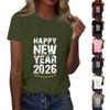 Женская мода 2026 Новый год Принт Круглый вырез Короткий рукав Топ