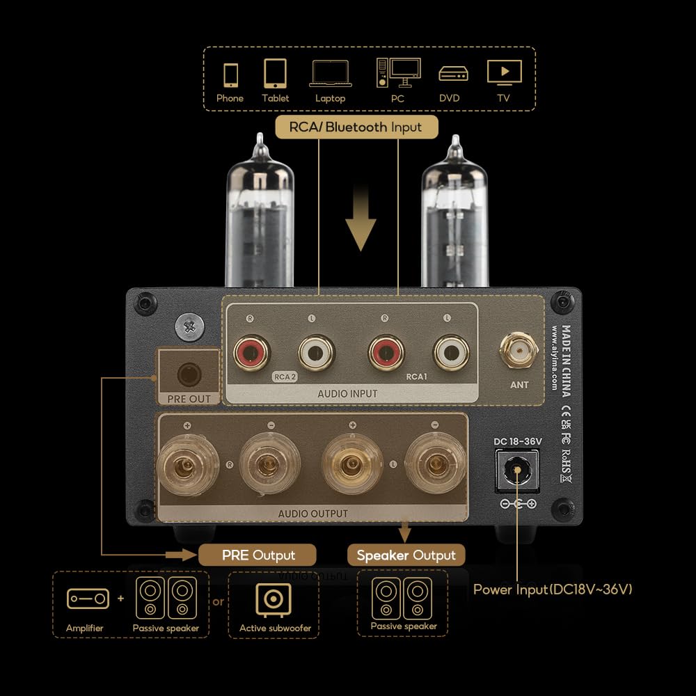 Усилитель для наушников AIYIMA T5 HIFI TUBE Tube 6K4 Bluetooth TDA7498E Поддержка усилителя для домашней аудиосистемы V2.0 5.1 QCC3034+NE5532 160W2 SBC, AAC,